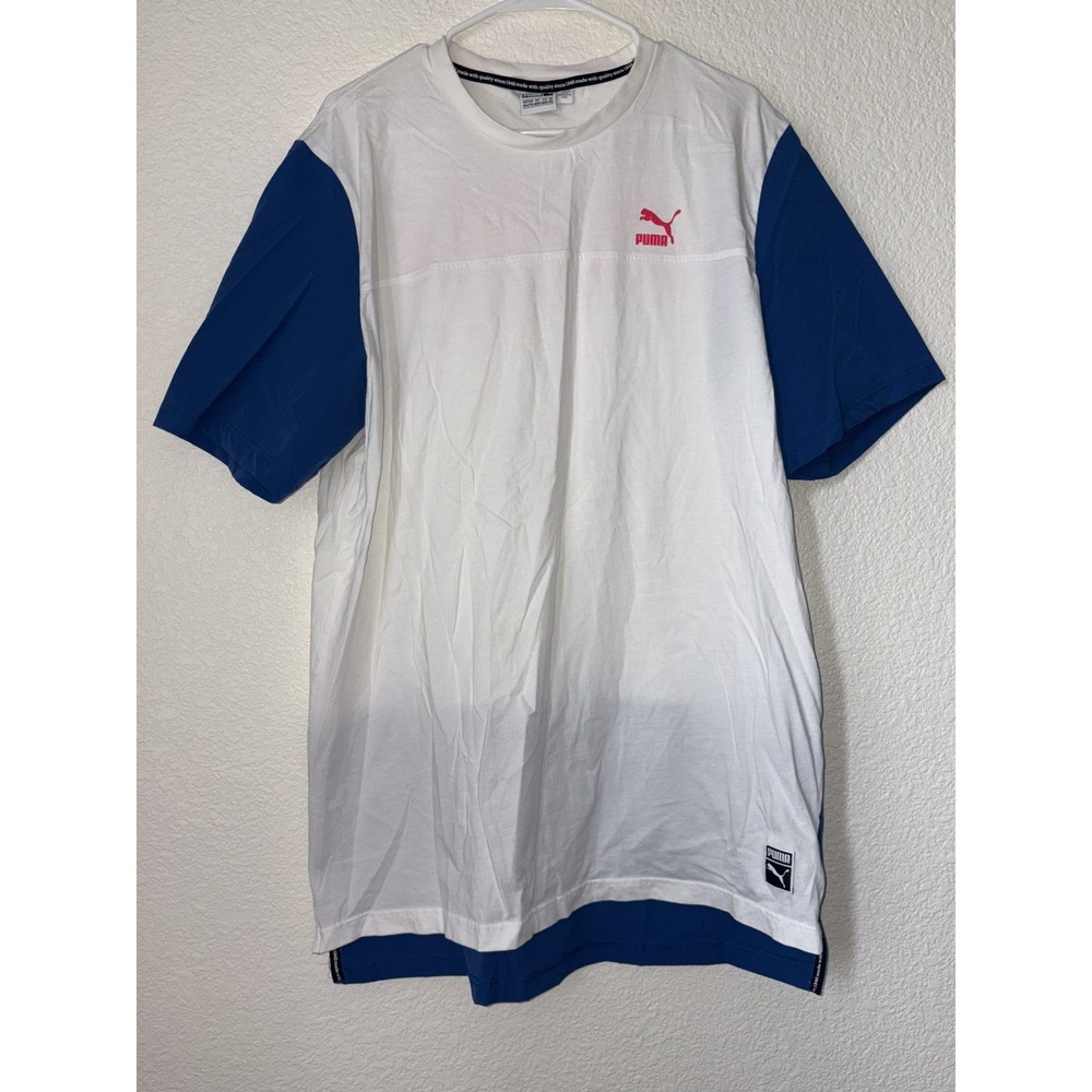 Vintage PUMA Mens Color-block Sleeves Crew Neck Short Sleeve - Blue - Size XXL